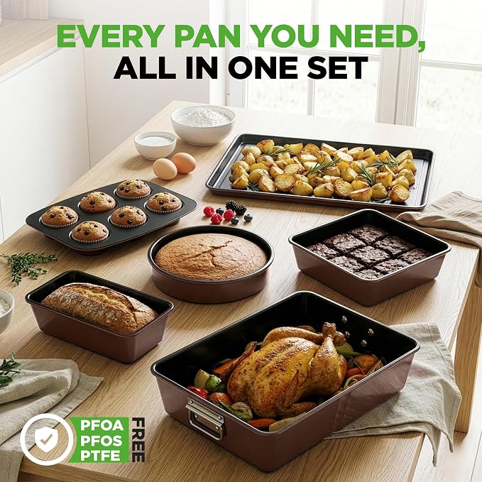 NutriChef 8-Piece Nonstick Stackable Bakeware Set - PFOA, PFOS, PTFE Free Baking Tray Set w/Non-Stick Coating, 450°F Oven Safe, Round Cake, Loaf, Muffin, Wide/Square Pans, Cookie Sheet (Brown) - Image 6