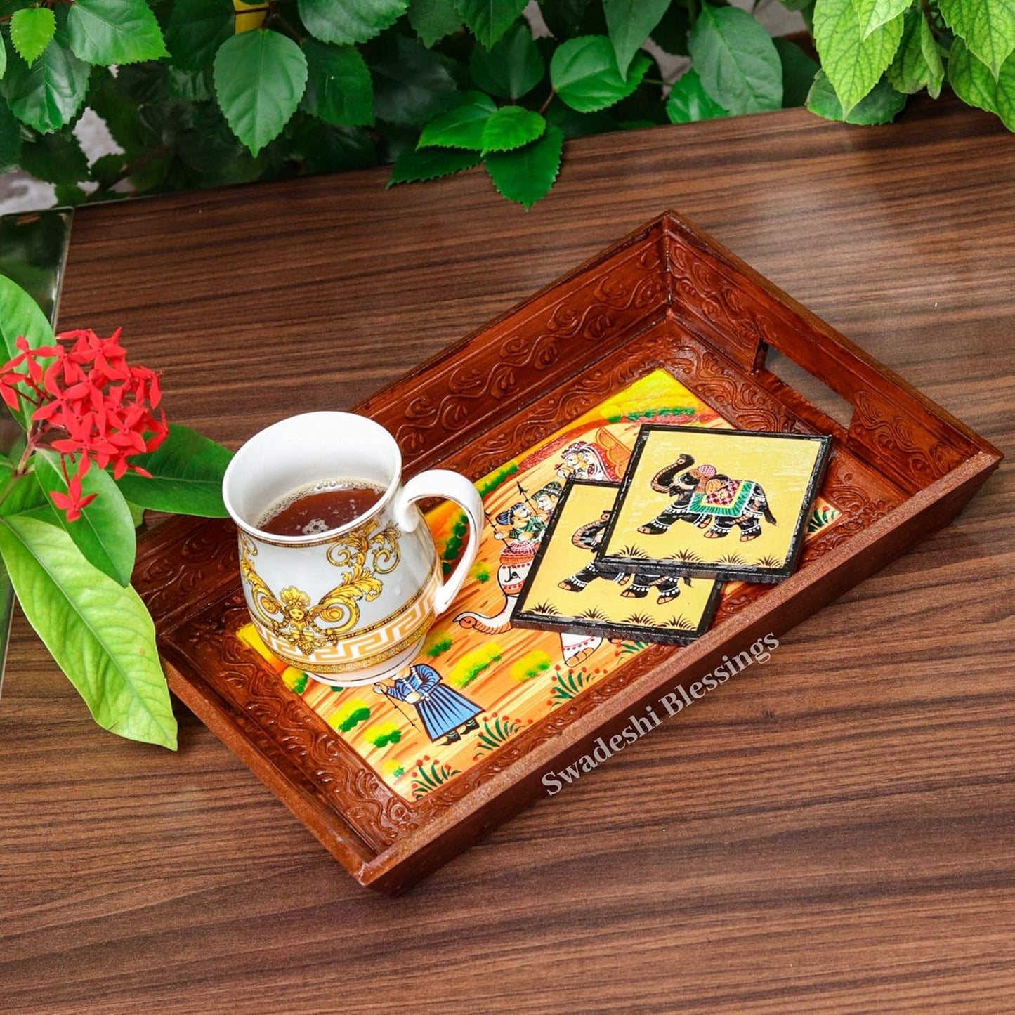 Swadeshi Blessings Wooden Serving Tray Set- Handcrafted & Hand-Painted for Kitchen/Table & Home Decor/Dinning/Gifts/Restaurants/Living Room/Coffee Table (Set of 3 Trays) (Brown)