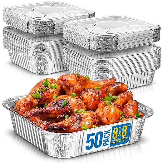 Diplastible Aluminum Pans with Lids - Pack of 50 - Disposable 8x8 Foil Pans, Cake Pan, Lasagna, Chafing Dish - Heavy Duty, Oven Safe Meal Prep Containers for Cooking, Serving Food, Catering - Image 2