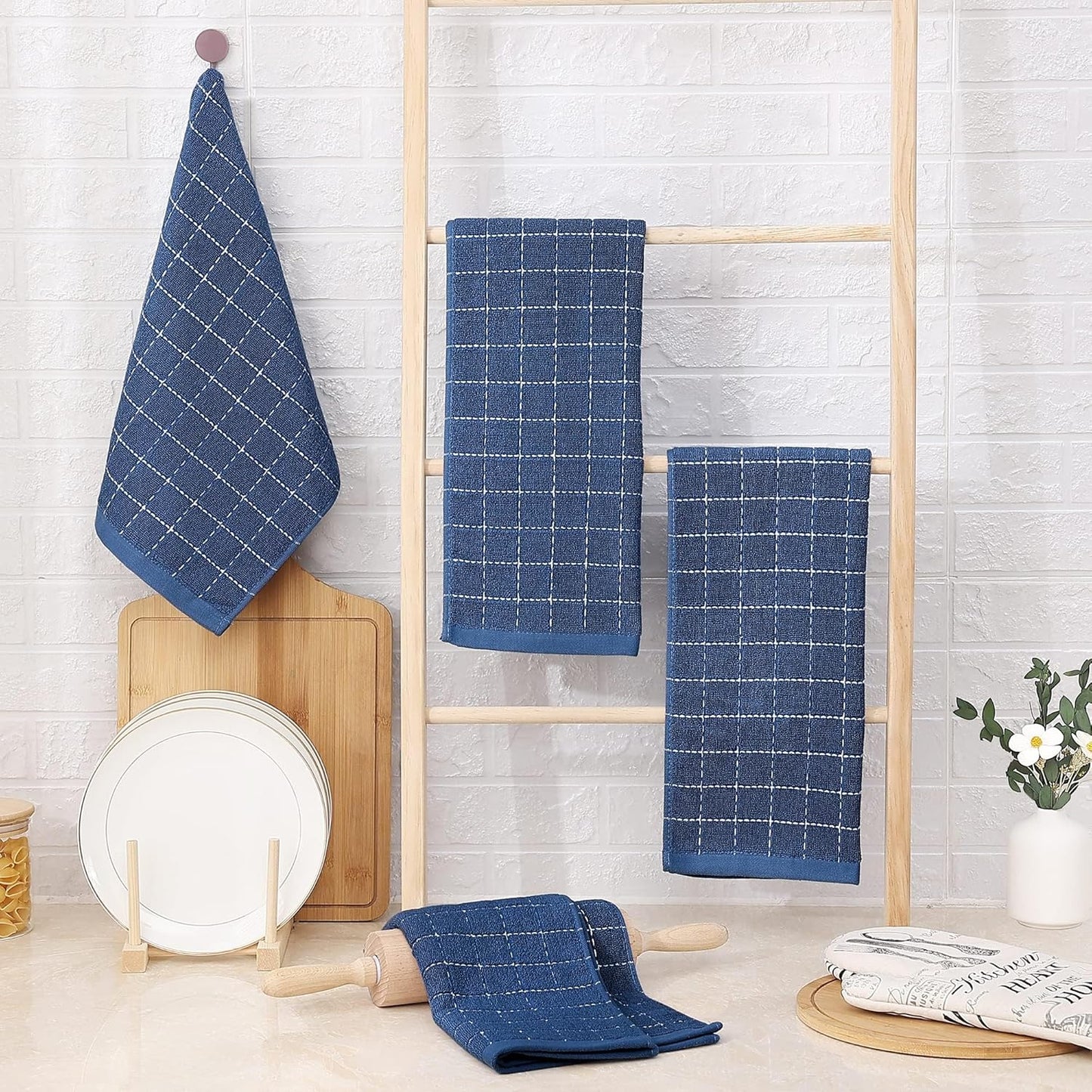 Homaxy 100% Cotton Terry Kitchen Towels(Navy Blue, 13 x 28 inches), Checkered Designed, Soft and Super Absorbent Dish Towels, 6 Pack