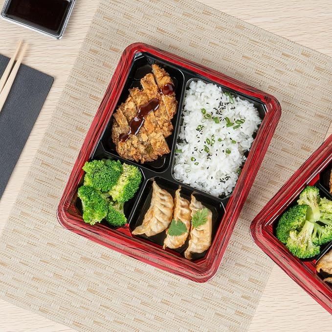Restaurantware-Bento Tek 18.6 Ounce Meal Prep Containers, 100 Disposable To Go Food Boxes - Lids Sold Separately, 4 Compartments, Red And Black Plastic Bento Lunch Boxes, Freezable, For Take Out - Image 6