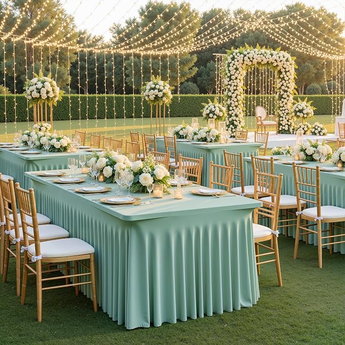 2pack Sage Green Spandex Tablecloths 8ft for Rectangle Tables, Wrinkle Free Classy Table Skirt Stretchy 8 Foot Fitted Table Cloths Covers for Weddings Birthday Party Events Banquette Baby Shower by CO-AVE