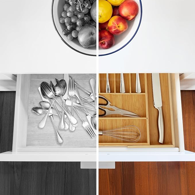 Relaxdays 10032171 Bamboo Cutlery Tray, Extendable, Cutlery Tray for Drawers, 7 to 9 Compartments, HBT 5 x 49, 5 x 44.5 cm, Natural, MDF - Image 5