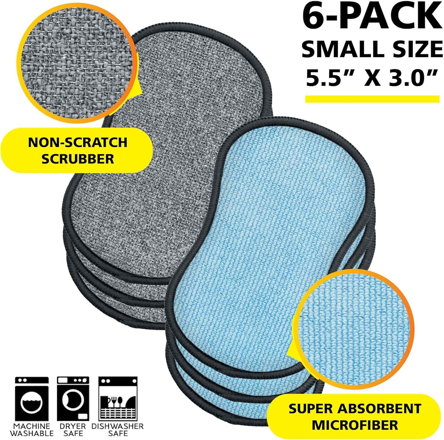 Original Scrub-N-Wipe Pad by Tuff-Scrub, 6-Pack, Microfiber, Multi-Surface, Non-Scratch, Dual-Sided, Scrubber for Dishes, Sinks, Non-Stick Cookware – Machine Washable, Durable Kitchen Sponge (Small)