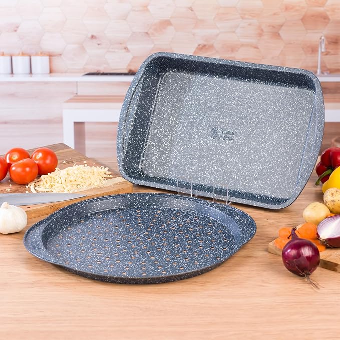 Russell Hobbs COMBO-5440 Pizza Roasting Tin Set, Non-Stick Oven Trays, Perforated Baking Pan with Deep Roaster, Carbon Steel, 2 Piece, Nightfall Stone Collection, Blue Marble, 37/38 cm - Image 2