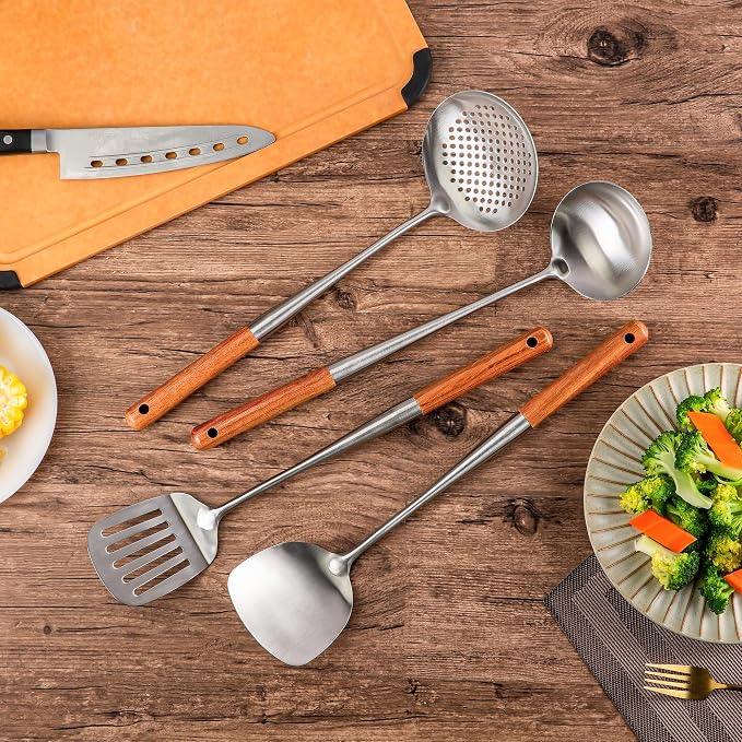 FJNATINH 17inch Wok Spatula and Ladle, Skimmer Spoon, Slotted Turner Spatula Set 304 Stainless Steel Kitchen Utensils Sets, 4-Pieces Cooking Utensils Tools Wok Accessories - Image 3