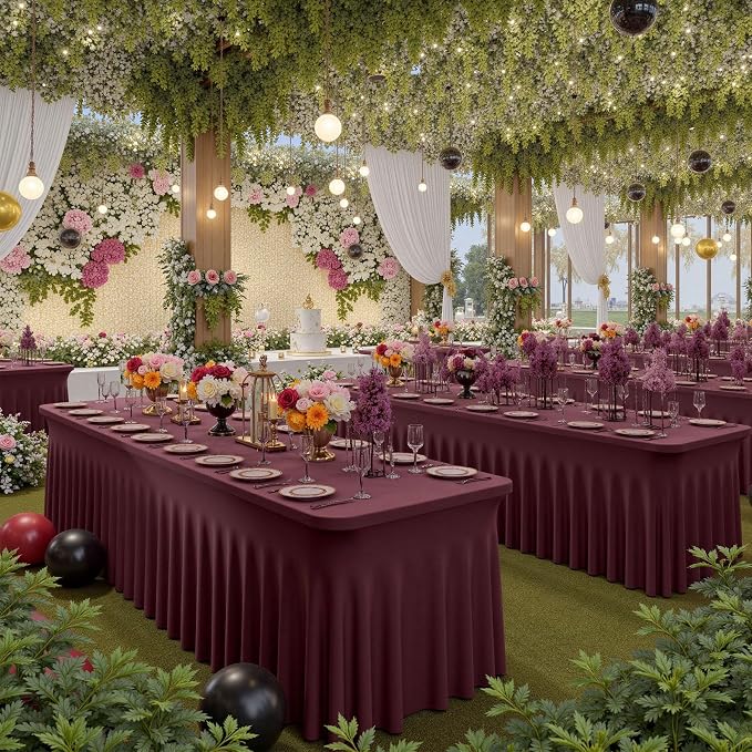 CO-AVE 6pk Burgundy Spandex Tablecloths 6ft for Rectangle Tables, Wrinkle Free Classy Table Skirt Stretchy Fitted Table Cloths Covers 6 Foot for Weddings Birthday Party Events Banquette Baby Shower - Image 3