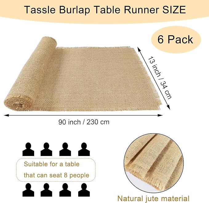 6 Pack 13 x 90 Inch Tassel Burlap Table Runners,Natural Rustic Jute Table Runner and Placemats Bulk for Western Wedding Table Decorations,Farmhouse Style Party,Holiday,Kitchen Table Decor Cover - Image 2