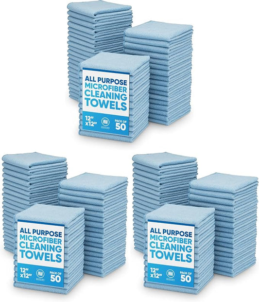 12" x 12" Microfiber Cleaning Cloths (150 Pack) - Reusable Towels, Wash Rags, Dust Cloth, All-Purpose: Kitchen, Dish, Cars, Shop, Glass (Blue) by MicrofiberWholesale