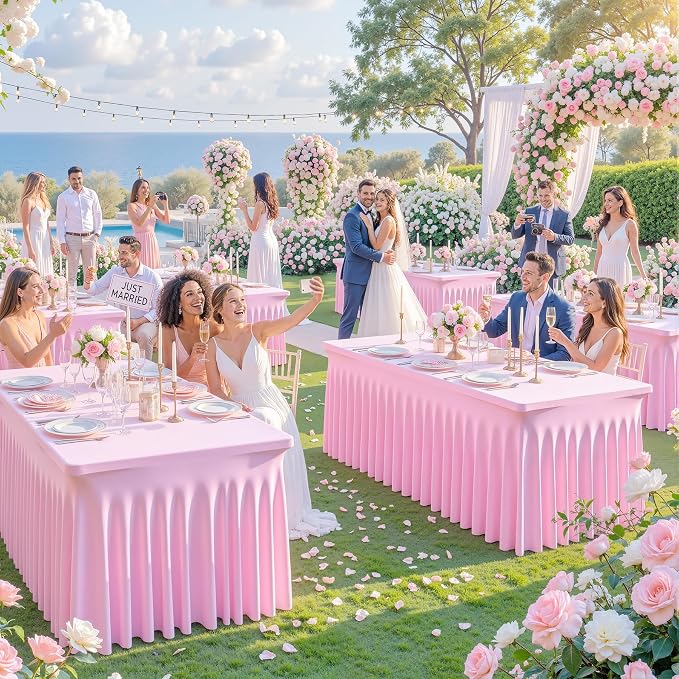 gogoparti 6 Pack Spandex Pink Fitted Table Cloth for 6ft Rectangle Tables Pink Stretch Tablecloth Table Covers Banquet Table Clothes Wrinkle Free Table Skirt for Parties Wedding - Image 3
