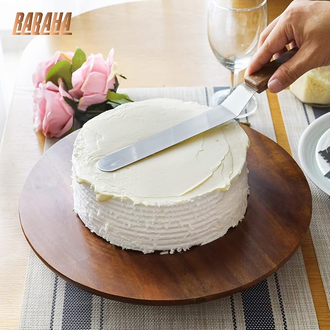 13" Acacia Cake Stand Rotating – Rustic Cake Stand Set Turntable with 2 Icing Spatulas, 3 Smoothers – Wooden Revolving Spinner Cake Decorating Supplies - Use at Parties, Wedding (Acacia Wood) - Image 6