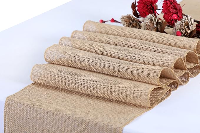MDS® Pack of 5 Natural Burlap Table Runner, 12 x 108 Inch, Jute Vintage Rustic Farmhouse Boho Table Decor for Wedding Reception, Dining Table, Bridal Shower, Baby Shower & Holiday Party Decorations - Image 3