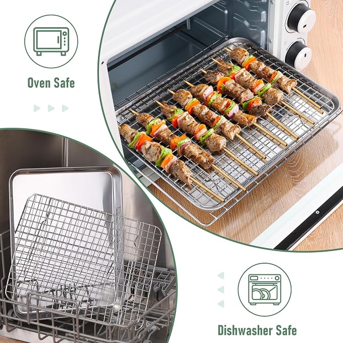 Homikit Baking Sheet with Wire Rack Set (1 Pan+1 Cooling Rack), 12" x 10" | Stainless Steel Quarter Sheet Pan with Grid Cooling Rack for Toaster Oven Roasting, Metal Bacon Cookie Trays with Baking Rack - Image 7