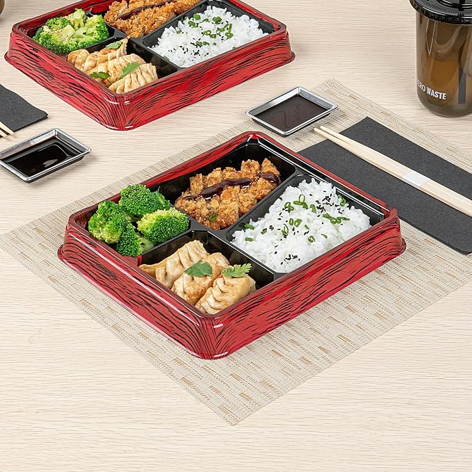 Restaurantware-Bento Tek 18.6 Ounce Meal Prep Containers, 100 Disposable To Go Food Boxes - Lids Sold Separately, 4 Compartments, Red And Black Plastic Bento Lunch Boxes, Freezable, For Take Out - Image 3