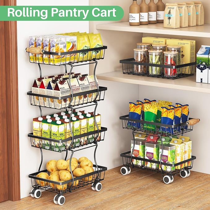 SAYZH 4-Tier Fruit Basket Stand with Vegetable Baskets for Kitchen, Black | Stackable Metal Wire Basket, Sturdy Rolling Storage Carts for Kitchen, Pantry Organizer, Snack and Jar Storage - Image 5