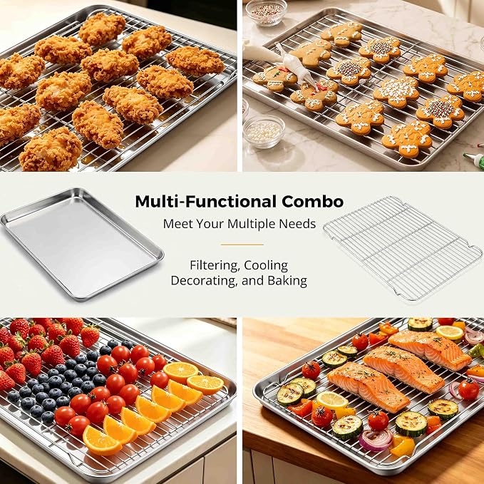 Onader Large Baking Cookie Sheet with Cooling Rack Set, Stainless Steel Baking Sheet Pan, 19⅝ x 13¾ Inch Metal Oven Baking Tray, Nonstick & 1 Inch Deep, 2-Pack (Includes 2 Pans + 2 Racks) - Image 6