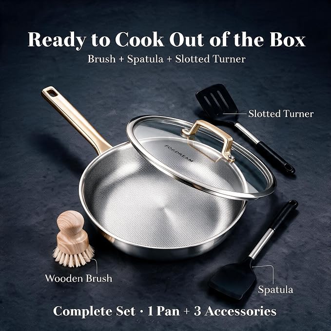FogDream Non Stick Frying Pans, 10in Titanium Pans for Cooking, Hybrid Stainless Steel Skillet with Spatulas, PFOA Free Cookware, Stay Cool Handle, Dishwasher & Oven-Safe,Induction Compatible,Gold - Image 2