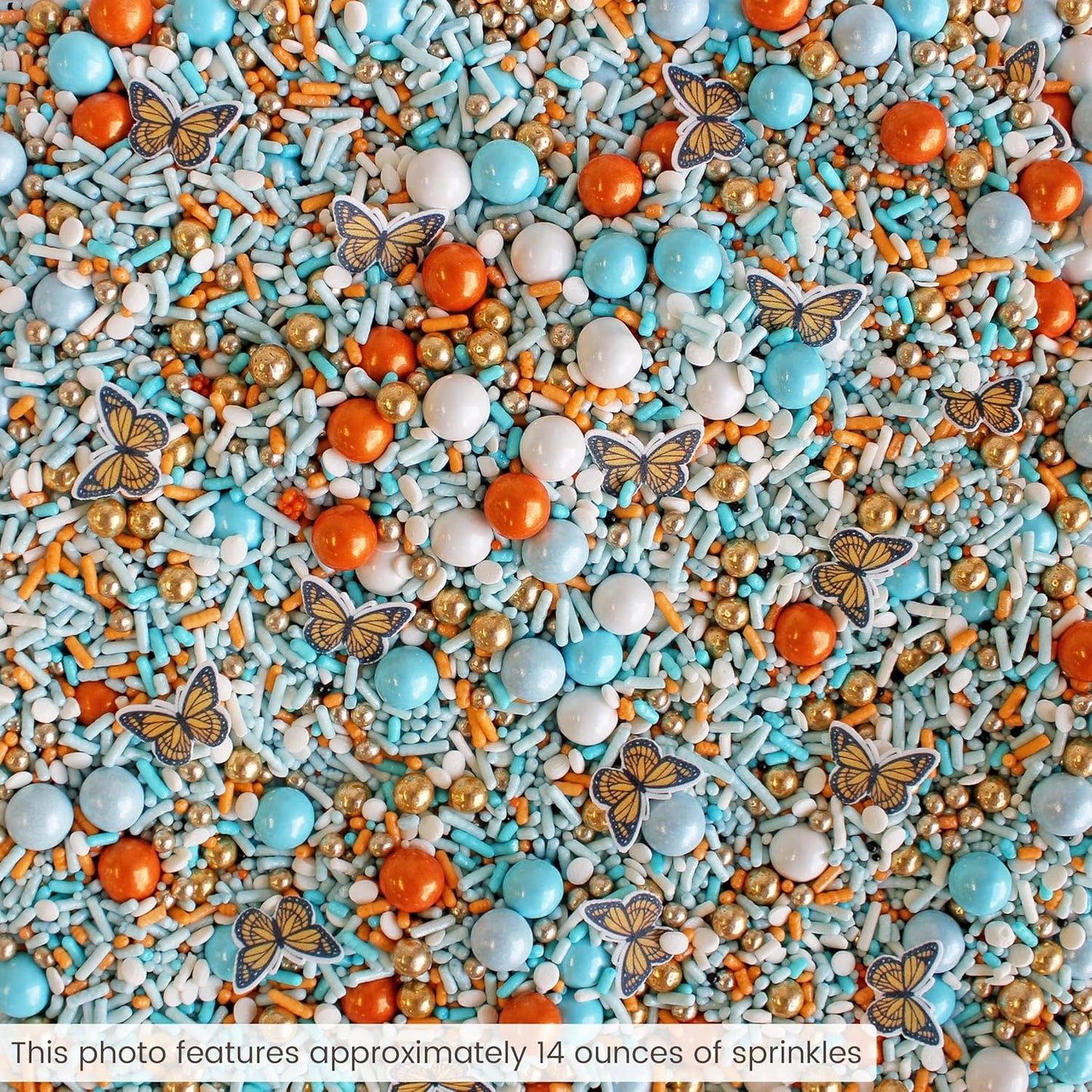 Sprinkle Pop Monarch Butterfly Sprinkle Mix| Blue Orange Sprinkles with ~20 Butterfly Wafer Paper and Gold Dragees| Decorating Sprinkles Made In USA for Mother’s Day Cupcakes Cakes Cookies Donuts, 4oz