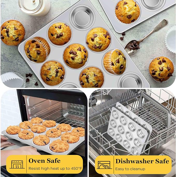 Homikit Stainless Steel Muffin Cupcake Pan 12 Cups, Non Toxic & Heavy Duty | 1PC Nonstick Cupcake Baking Tins Regular Size, 13.8 x 10.4 Inch Metal Egg Bites Tray for Oven, Easy Release, Dishwasher Safe - Image 6