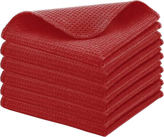 PurpleEssences Dish Cloths and Dish Rags - 6 Pack Waffle Weave Solid Kitchen Dish Wash Cloths, 100% Cotton, 12 x 12 Inches, Ultra Soft Absorbent Quick Drying - Red