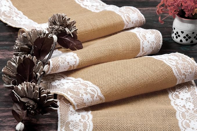 MDS 15 PCS 100% Natural Burlap Table Runners 12" x 108" with Lace, Rustic Farmhouse Country Vintage Boho Jute Runner for Wedding Reception Birthday Party Home Kitchen Dining Coffee Table Decoration by MDS