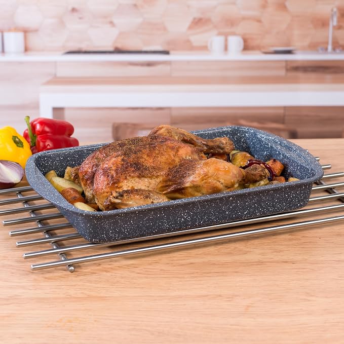 Russell Hobbs COMBO-5440 Pizza Roasting Tin Set, Non-Stick Oven Trays, Perforated Baking Pan with Deep Roaster, Carbon Steel, 2 Piece, Nightfall Stone Collection, Blue Marble, 37/38 cm - Image 8