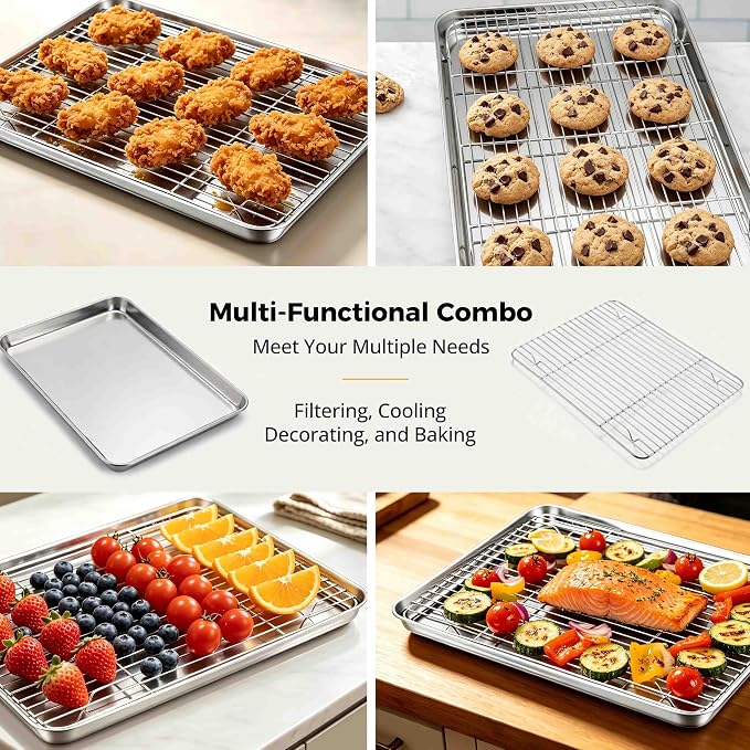 Onader Half Sheet Pan with Cooling Rack Set, 18x13 Inch Stainless Steel Large Baking Cookie Sheet, Metal Oven Baking Tray with Wire Rack, Nonstick, Includes 1 Pan + 1 Rack - Image 7