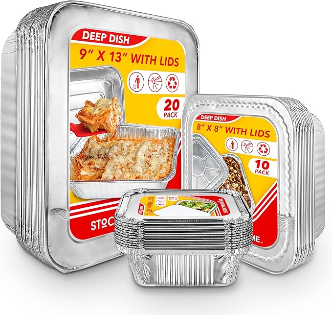 Stock Your Home Disposable Foil Pans with Lids (Set of 40) Heavy Duty Aluminum Pans with Lids (20) 9x13, (10) 8x8, (10) 1-Lb Baking Tins with Covers for Cooking, Heating, Storing, Holiday Dinner Meals by StockYourHome