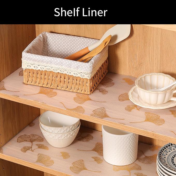 Cooyes Shelf Liner, Non Adhesive Drawer and Cabinet Liner, EVA Washable Oil-Proof Shelf Paper for Kitchen Cabinets, Refrigerator, Storage, Desks with Modern Pattern （Gold Ginkgo，11.8" W x 360" L） - Image 4