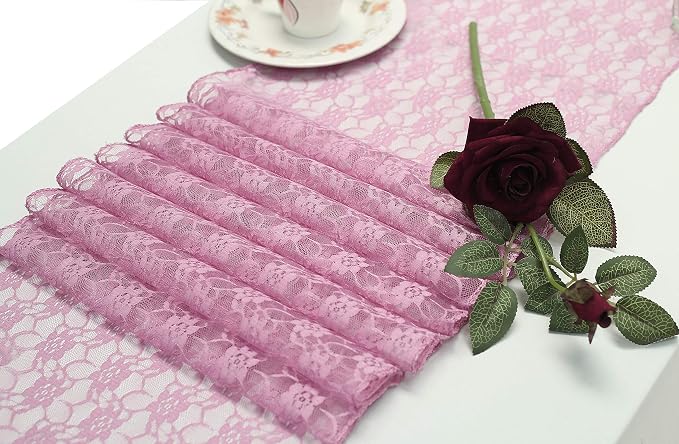 VDS Pack of 12 Floral Lace Table Runners Centerpiece Cloth Linen for Wedding Bithday Graduation Engagement Ceremony Events Party Banquets Table Decoration (12x108 inch) (Dusty Pink) by VDS