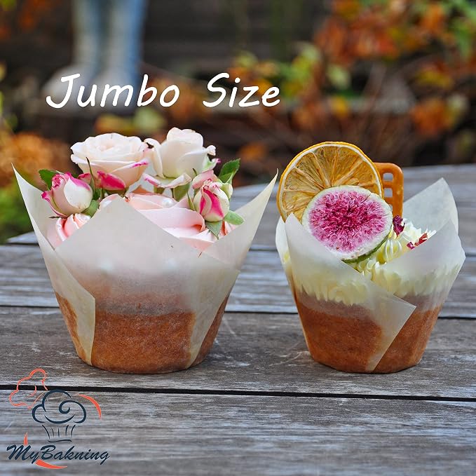 (Jumbo Extra Large size) Brown+White Tulip Baking Cups 2-1/4"(Base diameter) x 3-3/4"(Wall height) Greaseproof paper baking cupcake Muffin liners, Case of 130 pcs - Image 5
