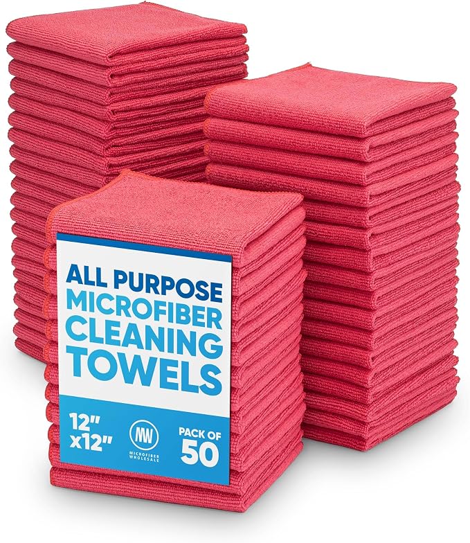 12" x 12" Microfiber Cleaning Cloths (50 Pack) - Reusable Towels, Wash Rags, Dust Cloth, All-Purpose: Kitchen, Dish, Cars, Shop, Glass (Red) by MicrofiberWholesale