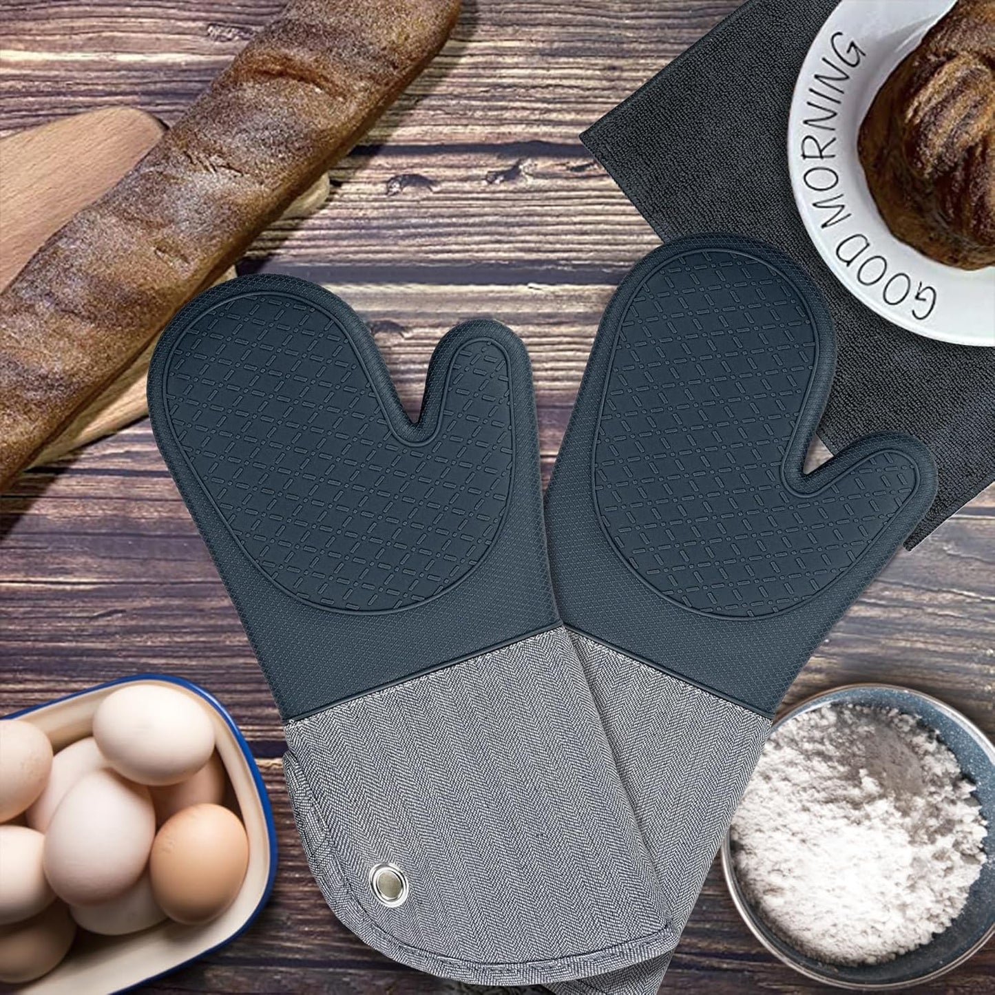 Professional Microwave Silicone Oven Mitts one Pair, Kitchen Mitten Set for Heat Resistant with 500 Degrees, Kitchen Gloves Pot Holder for BBQ Cooking Baking (Gray)