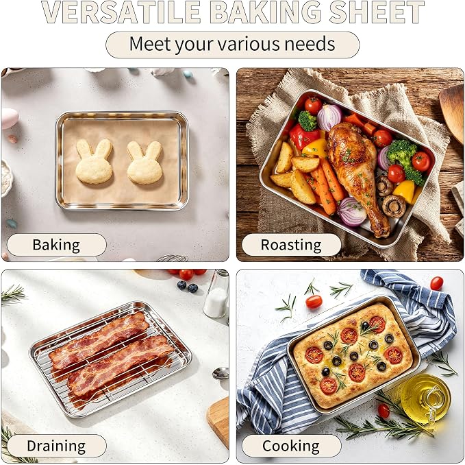 TeamFar Stainless Steel Toaster Oven Pan with Rack Set, 9"x7"x1" | 2 Pans + 2 Racks, Toaster Oven Baking Pan Tray with Cooling Rack for Cooking, Non-Toxic & Rust Proof, Dishwasher Safe - Image 6