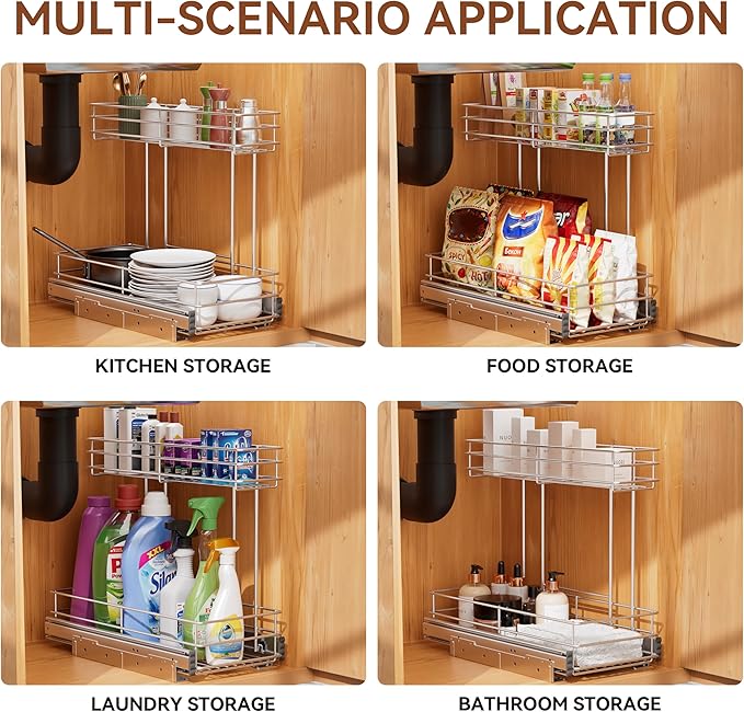 Under Sink Organizer 9" W X19 D, Pull Out Cabinet Organizer 2 Tier - Image 6