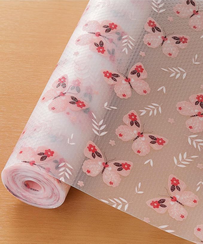 Shelf Liner for Kitchen Cabinets - Non-Adhesive Waterproof and Oil-Proof Drawer Liner, Reusable Protector for Dresser, Wire Shelf, Cupboards(Pink Butterfly, 17.5" W x 360" L) by Cooyes
