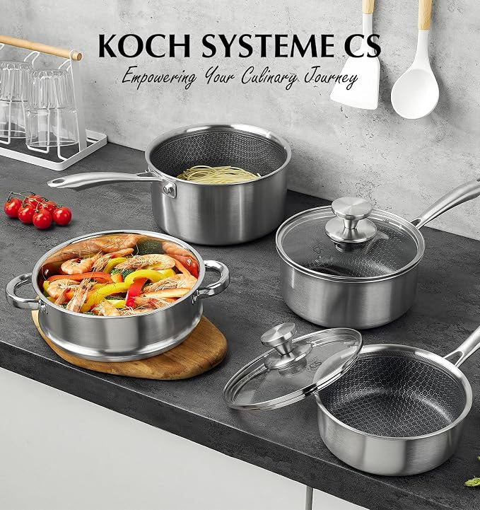 KOCH SYSTEME CS Hybrid Nonstick Stainless Steel Saucepan Set with Steamer Insert, 7PCS Triply Stainless Steel Pot Set 1Qt, 2Qt & 3Qt, 18/10 Steel Sauce Pan Set with Lids, Induction & Oven Safe - Image 9