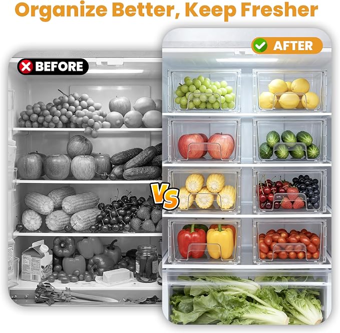 2 Pack Stackable Storage Drawers,Plastic Organizers Bins, Drawers Storage with Handles and Movable Dividers for Organization and Storage in Fridge,Bathroom, Pantry, Kitchen Cabinets, Under Sink - Image 5