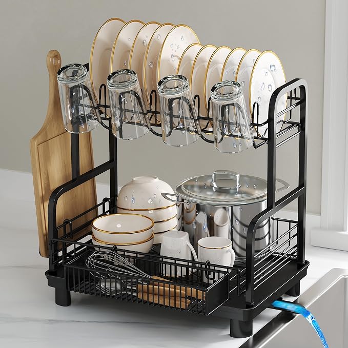 BOOSINY 2 Tier Black Dish Drying Rack and Drainboard with Utensil Holder by Boosiny