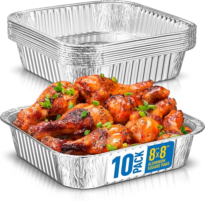 8x8 Disposable Aluminum Pans - 10 Pack Foil Pans For Cooking, Baking Cakes, Roasting & Homemade Breads - Disposable Food Containers by Plastible
