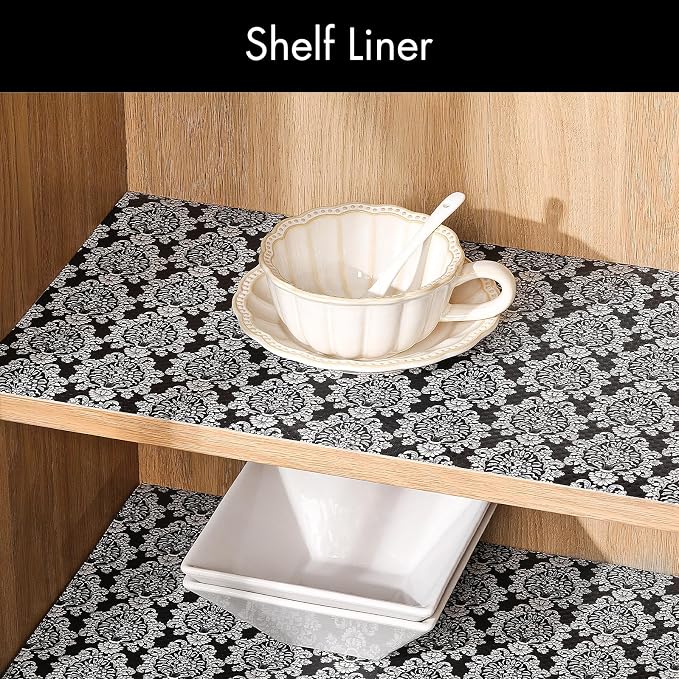 Cooyes Shelf and Drawer Liners for Kitchen Cabinets, Non-Adhesive Cabinet Liners, EVA Waterproof Durable Shelf Paper for Refrigerator, Shelves, Cupboard with European Pattern, Easy to Cut - Image 2