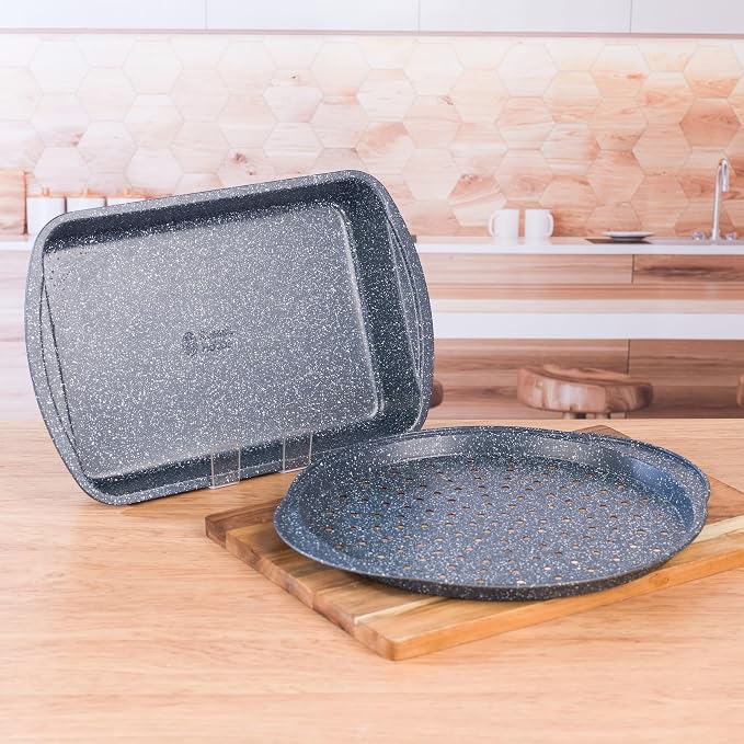 Russell Hobbs COMBO-5440 Pizza Roasting Tin Set, Non-Stick Oven Trays, Perforated Baking Pan with Deep Roaster, Carbon Steel, 2 Piece, Nightfall Stone Collection, Blue Marble, 37/38 cm - Image 4
