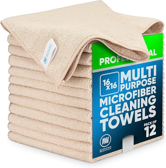 MW Pro Microfiber Cleaning Cloth | Sand | 12 Pack | 16” x 16” | All Purpose Microfiber Towels - Clean, Dust, Polish, Scrub, Absorbent by MicrofiberWholesale