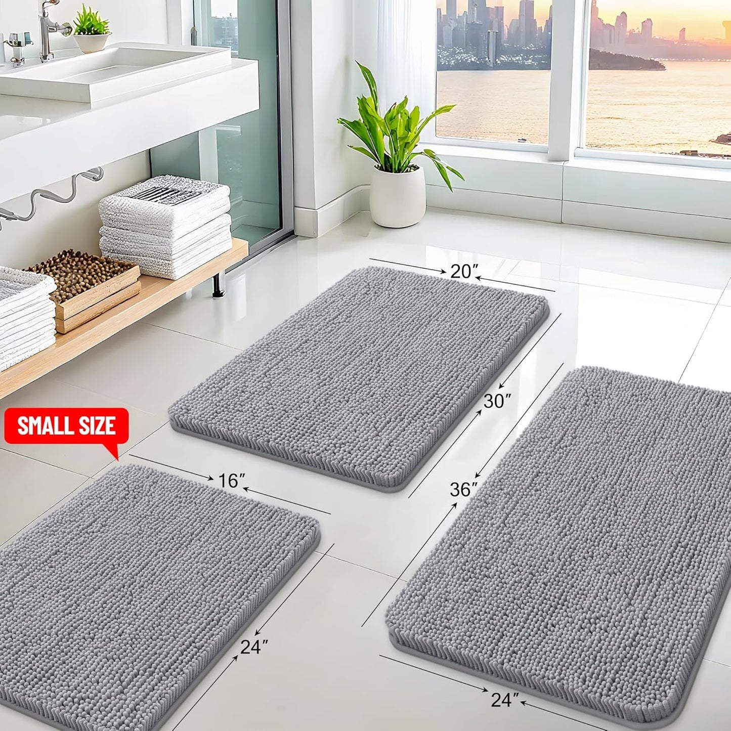 Arotive Bathroom Rugs 47x20, Extra Soft Absorbent Shaggy Chenille Bath Rugs, Machine Washable Rubber Backing Non-Slip Bath Mats for Bathroom Floor Tub and Shower, Home Decor Accessories, Grey