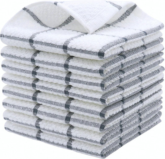 Cotton Grid Dish Cloths, Terry Cleaning Rags, 12 x 12 Inches, Light and Soft, Quick Drying Dish Rags, 8pc/Set (Grey)