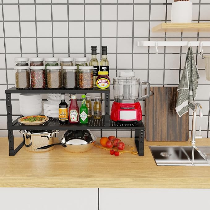 Jojocross Expandable Adjustable Stackable Kitchen Organizer, Spice Rack,Metal Pantry Storage Shelves Racks,Counter Shelf for Cabinets, Countertop, Cupboard(2 Packs/Medium/Black) - Image 2