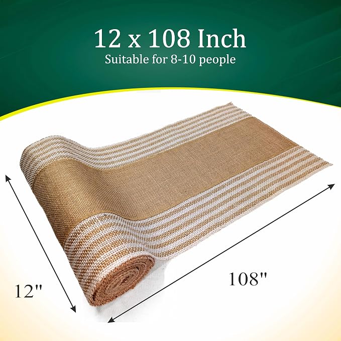 Decorative Table Runner (Pack of 6) – 12”x 108” – Natural on Stripe Rustic Farmhouse Table Runner with Finished Edge – Burlap Runner for Home Decor, Weddings and Christmas - Image 2