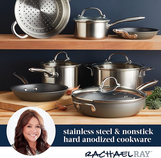 Rachael Ray 70033 Professional Stainless Steel/Hard Anodized Nonstick Cookware Pots and Pans Set, 11 Piece - Gray and Silver - Image 3
