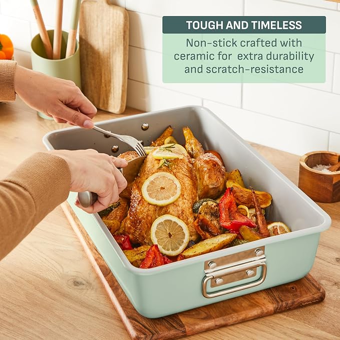 T-fal Refresh Ceramic Nonstick Baking Pans Set (5 Pieces), Roaster, 6-Cup for Muffins, Loaf, Square Baking Sheets Non Stick, Stackable Bakeware Sets, Mint Green - Image 3