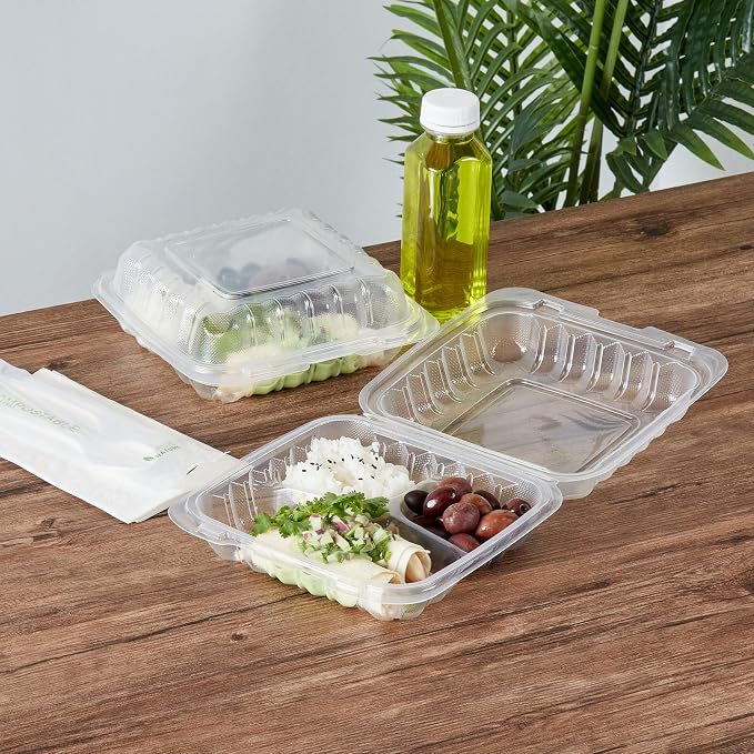 Restaurantware-Chef 101 30 Ounce Hinged Clamshell Containers, 100 Disposable Take Out Boxes - 3 Compartments, Secure Lids, Clear Meal Prep Containers, Microwavable, For Pasta Or Salads - Image 3